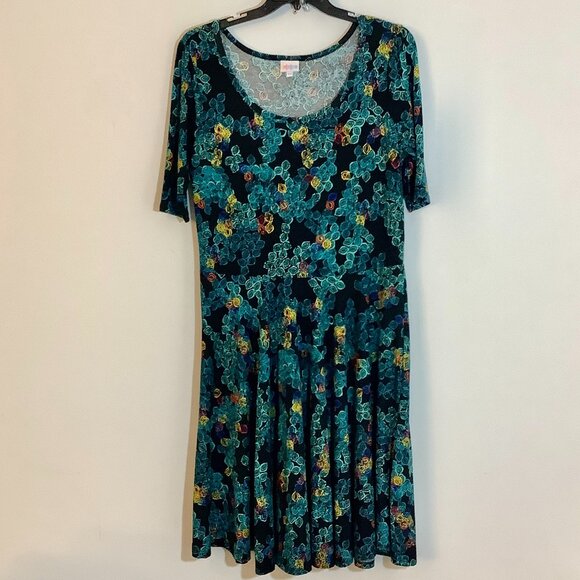 Colorful Black/ Turquoise Yellow LuLaRoe Dress 3 XL Short Sleeve Scoop Neck NWOT - Picture 1 of 11